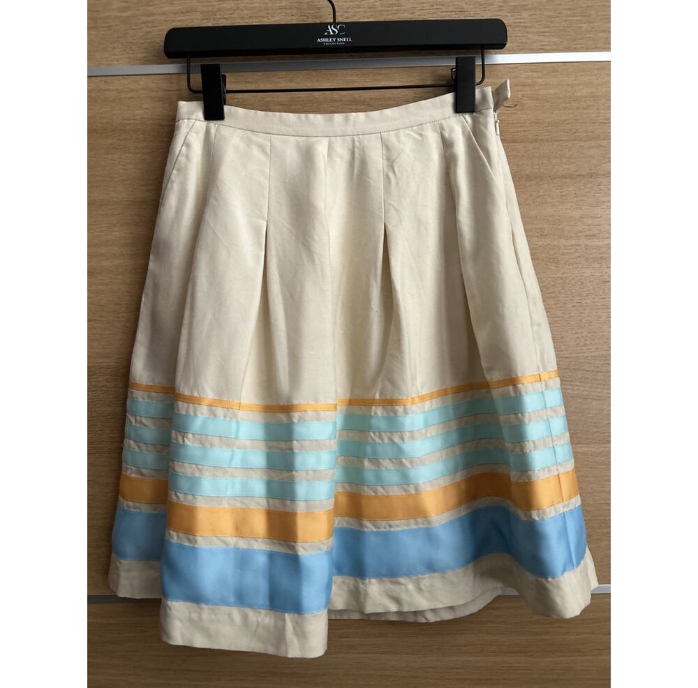 J. McLaughlin Women's Size 2 SILK Pleated Mid Length Skirt lined striped ribbons